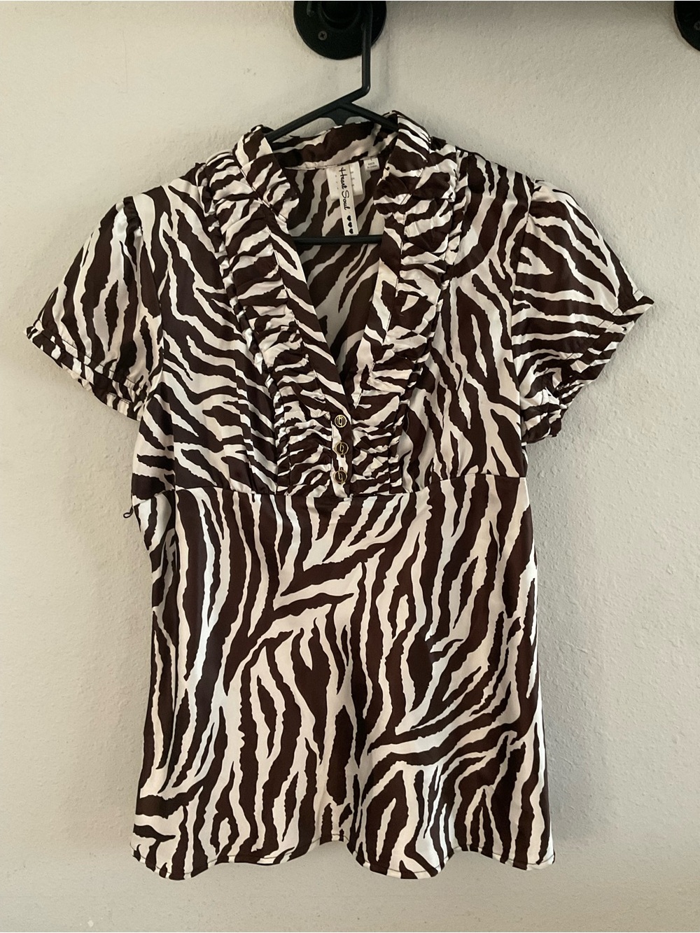 Heart Soul Brown & White Zebra Print Ruffled V-Neck Blouse